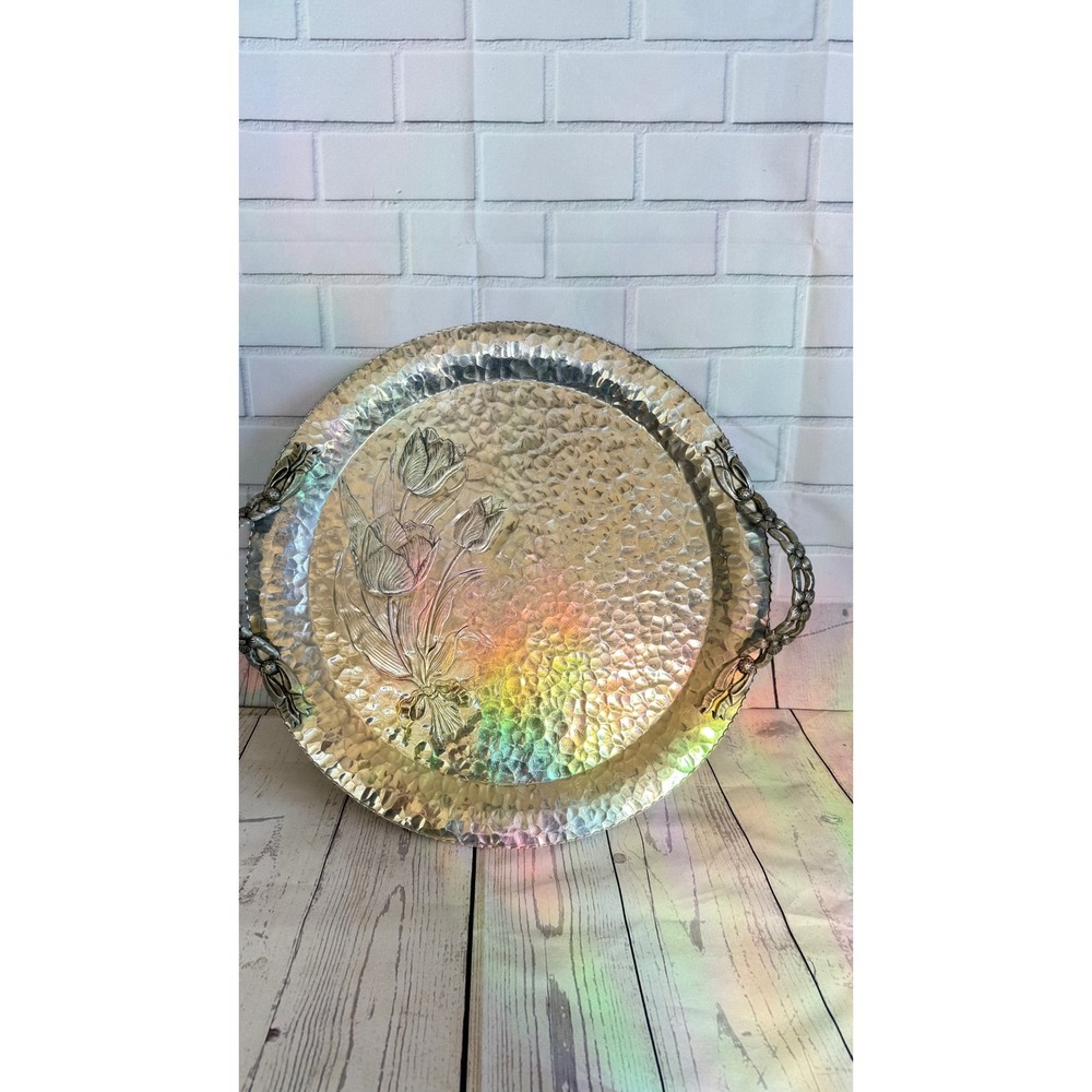 Rodney Kent Hand Wrought Aluminum Hammered Floral Tulip Serving Tray 409 Vintage